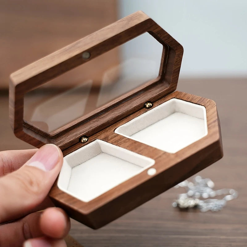 Jewelry Presentation Box Travel for Case Walnut Wood Engagement Ring Box Earring Stud Holder for Ceremony Wedding Propos