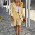 Summer New Solid Color Long Sleeve Shorts For Women's Suit Set Stylish Cardigan Female Office Suit 2 Piece Set