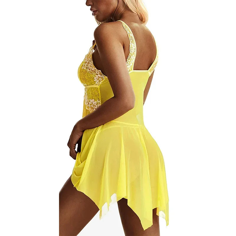 Sexy Women Lingerie Mesh Lace Nightie Nightgown Sleeveless Sling Nightwear Babydolls Dress Sexy Nightdress Exotic Sleepwear