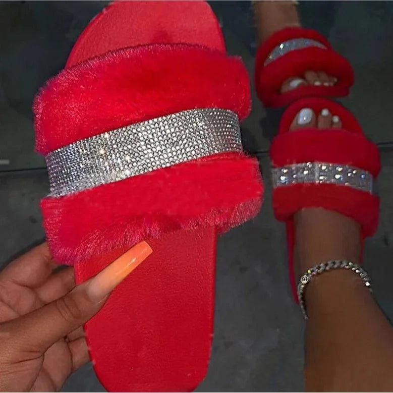 Women's New Thick Bottom Water Diamond Hairy Slippers for Women's Autumn /Winter Flat Bottom Large Slippers