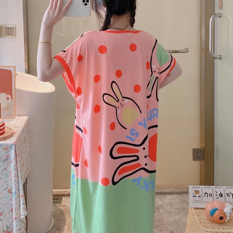 Cartoon Pink Green Rabit Print Lounge Dresses, Comfy Cute | SAMAG
