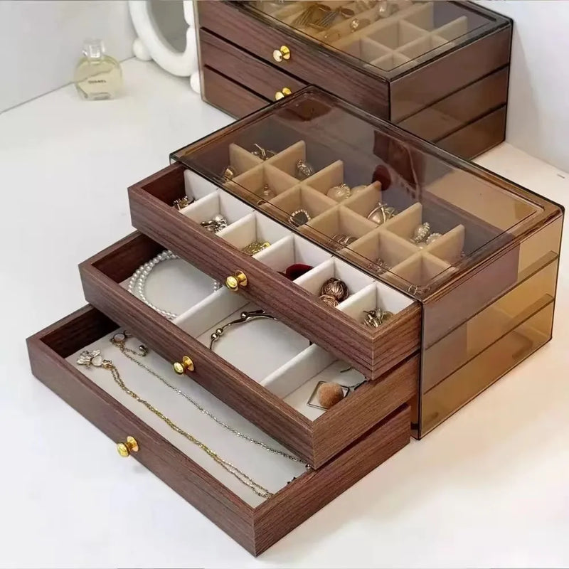 Multi-layer Wooden Jewelry Box Transparent Window Jewelry Storage Case for Ring Necklace Earring Bracelet