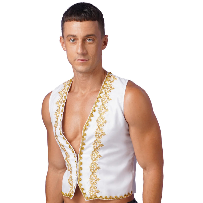 Mens Steampunk Victorian Vest Gothic Vintage Gold Trims Embroidery Medieval Sleeveless Waistcoat Jacket Vest Halloween Costumes
