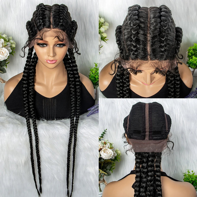 32 inches Large Four Braid Lace Wig for Black Women Braided Wig  Full Lace Box Braids Wig Women Synthetic Braided
