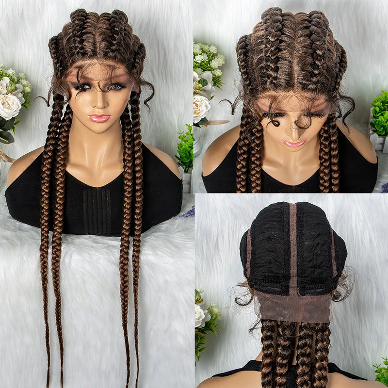32 inches Large Four Braid Lace Wig for Black Women Braided Wig  Full Lace Box Braids Wig Women Synthetic Braided