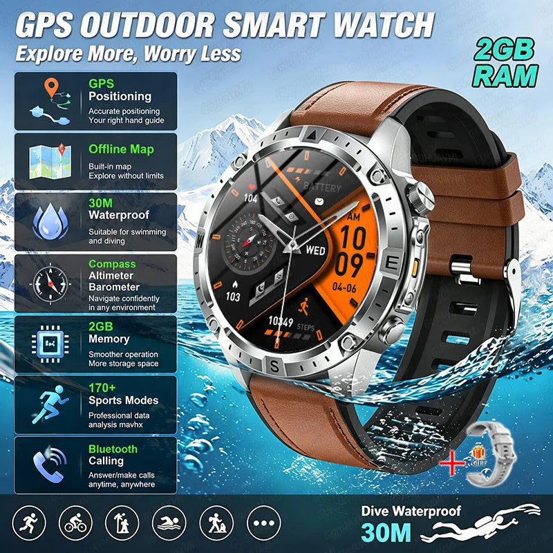 2026 Offline Map New Smart Watch 3ATM Waterproof GPS Navigation Compass Altimeter Flashlight Men 170+ Sports Bracelet Men Women