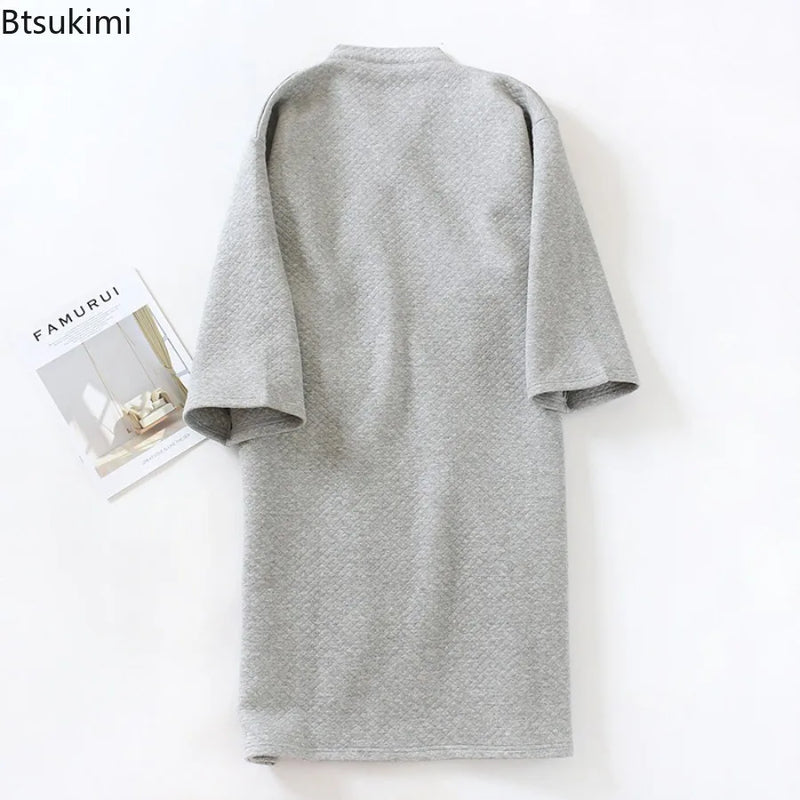 2026 Men's Casual Cotton Pajamas Dress Solid Warm Sleepwear Soft Loose Male Bath Robe Kimono Nightgown Home Clothes Men Robes