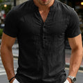 Men's White Stand Collar Henley Short Sleeve Shirt | SAMAG