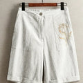 Women's Vintage Rose print Linen Blend Wide Leg Bermuda Shorts High Waist Casual Knee Length Summer Trousers with Pockets