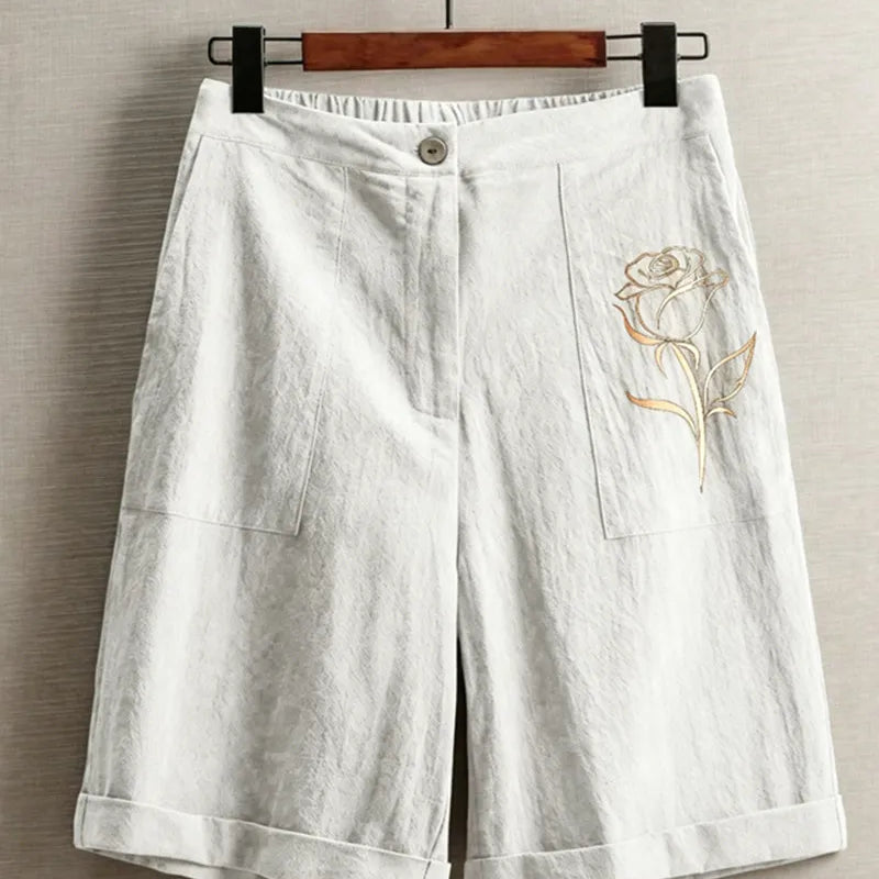 Women's Vintage Rose print Linen Blend Wide Leg Bermuda Shorts High Waist Casual Knee Length Summer Trousers with Pockets