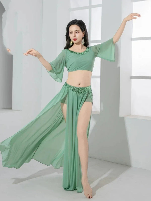 Women Girls Belly Dance Costume Set 2 Piece Half Sleeve Top Long Tassel Skirt Professional Bellydance Training Performance Wear
