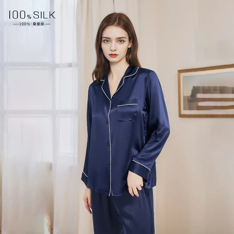 2025 Summer New Silk Pajamas Women's Long Sleeve Pants Lapel 100% Mulberry Silk Cool Home Clothes Set Pajamas Nightwear
