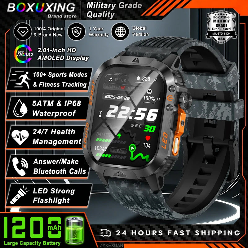 2026 New 1200 mAh Battery Military Smartwatch Men 5ATM Waterproof Fitness Tracker Health Heart Rate Smart Watch For iOS Android