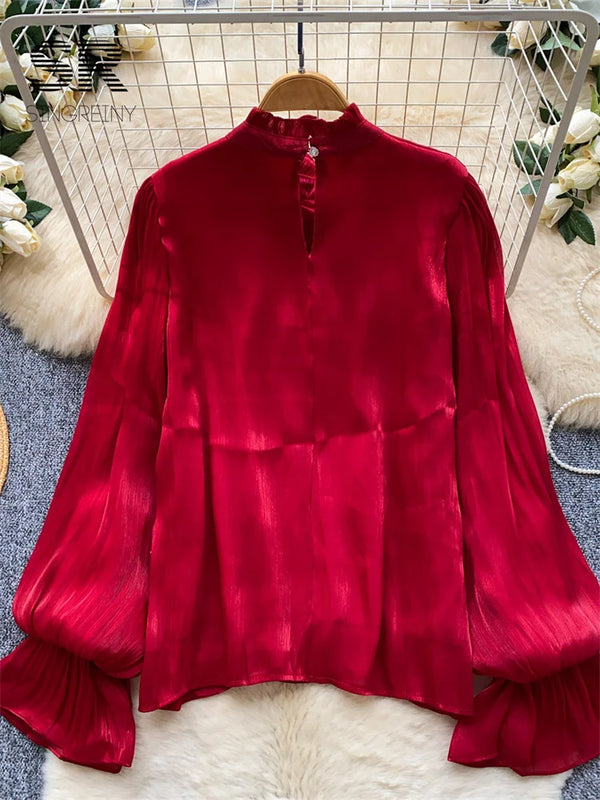 SINGREINY Autumn 3D Floral Chiffon Blouse Ruffle Full - View 2 | SAMAG
