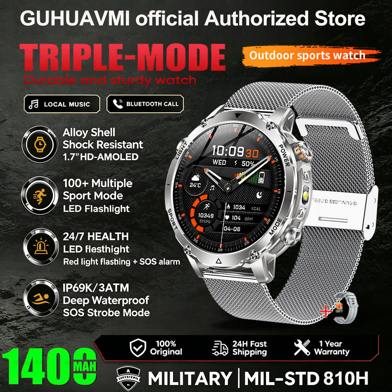New 1400mAh Battery Sports Smart Watch 1.7” SOS+Flashlight Exercise Record Bluetooth Call Waterproof Health Watch For Android iO
