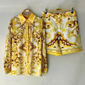 2026 Summer Women's Clothing Retro Geometric Print Lapel Loose Shirt Two-piece Set + Wide Leg Shorts Hot Pants Fashion Suit