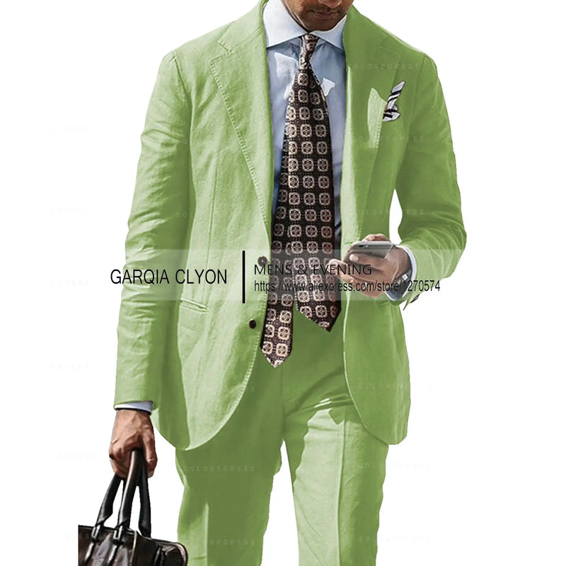 2025 New Casual Men's Suit Jacket Summer Spring Blazer Two Bottom Breathable Cotton Linen Coat 2 Pieces( Jacket+Pants )