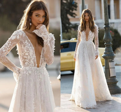 Sexy Deep V Neck Elegant Wedding Dresses Boho Backless 3D | SAMAG