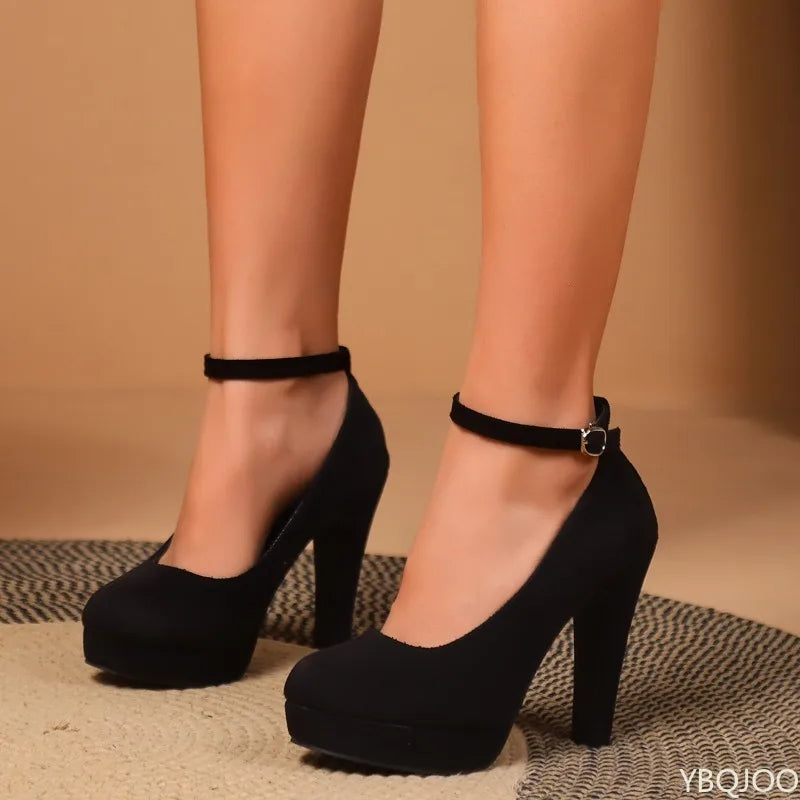 2026 Large Size New Fashionable Suede Thick Heel Buckle Women's High Heels Waterproof Platform Party Black Women's Single Shoes