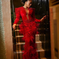 Sparkling Red Mermaid Ball Dress Luxury Beaded Feather | SAMAG