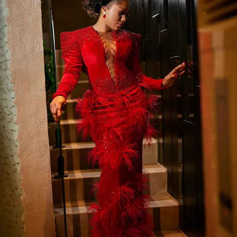Sparkling Red Mermaid Ball Dress Luxury Beaded Feather | SAMAG