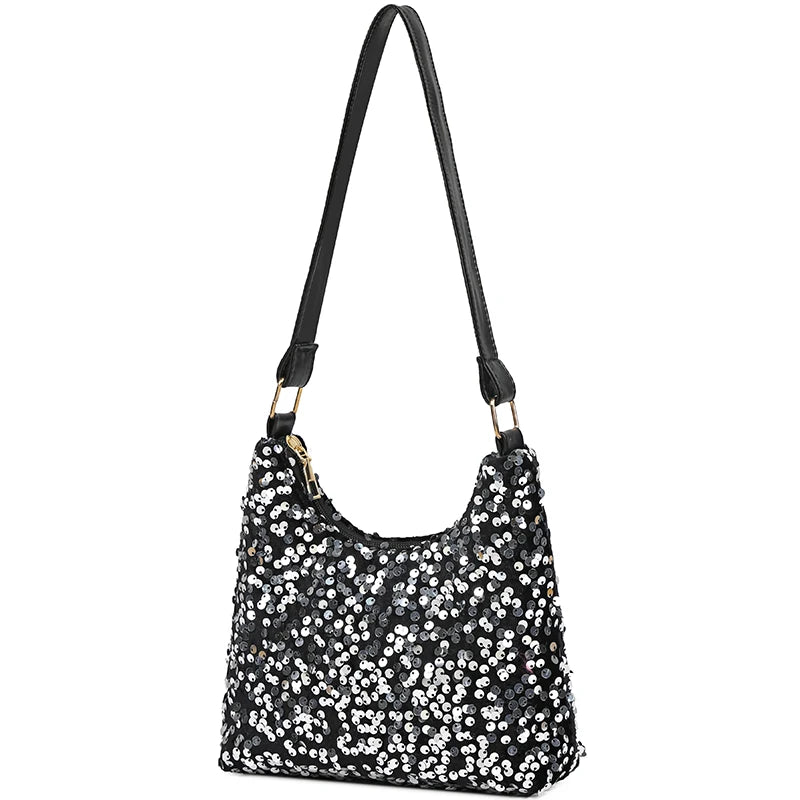 Fashion Women's Sequin Decorated Hobo Bag Black/Silver for Parties Daily Outings Stylish Compact Trendy Evening Bag