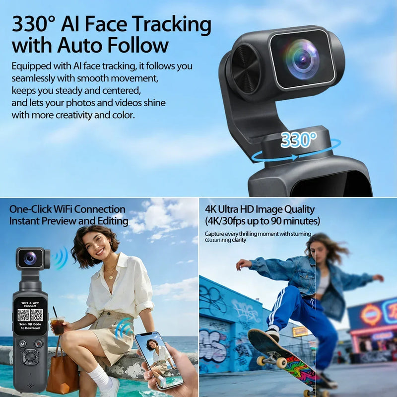 4K Action Camera With 330° Face Tracking Gimbal Stabilizer 1.72 Inch Touch Screen 64MP Pocket Digital Camera WiFi Sports Cam