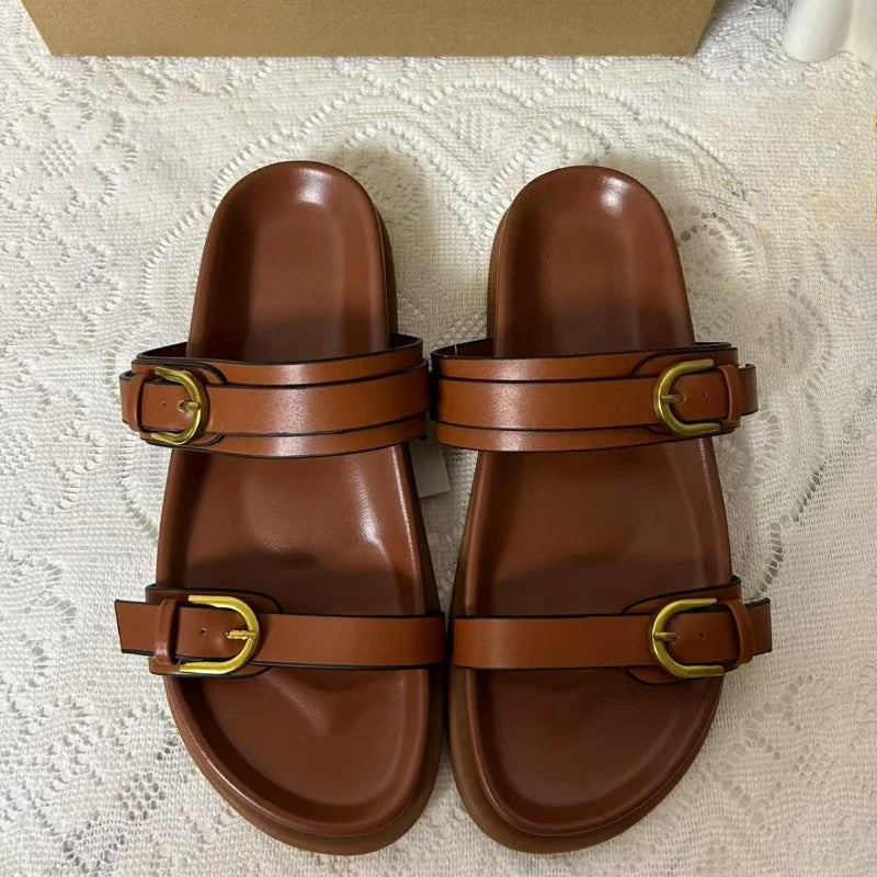 Women's Flat Slide Sandals Double Strap Buckle Premium Soft PU Leather Open Toe Casual Summer Beach Slippers 2026