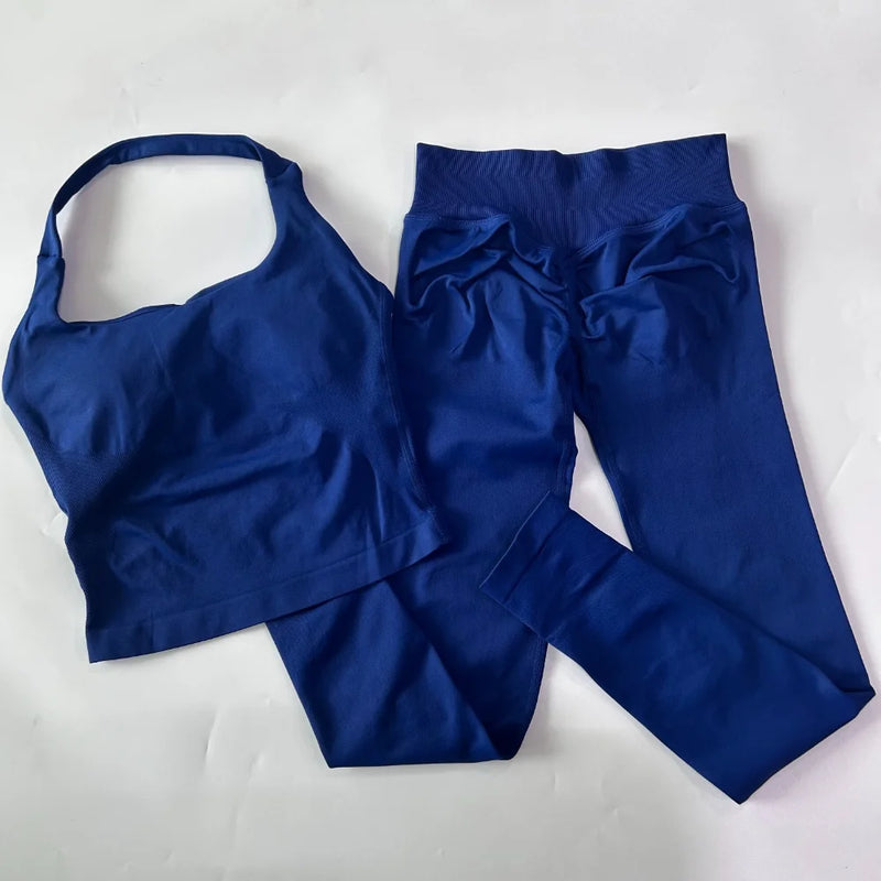 1-2pcs Gym Set Women Backless Tank Tops High Waist Scrunch Seamless Shorts High Waist Yoga Leggings Workout Sets Gym Suit