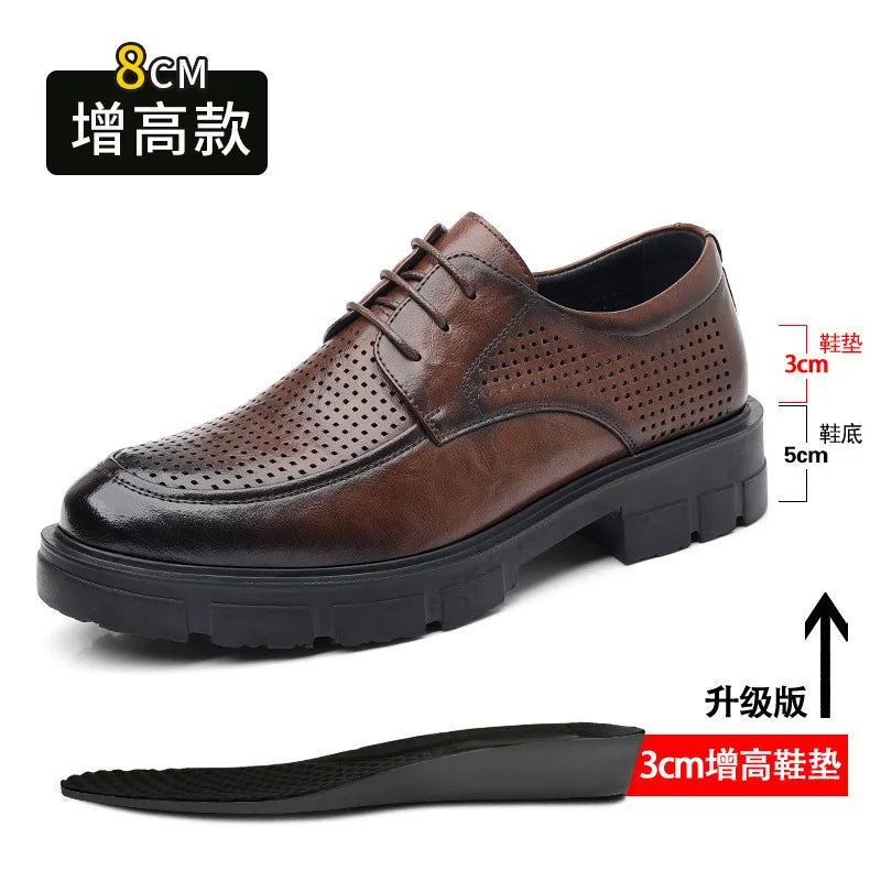 Men's Business High Heeled Leather Shoes Casual Thick Sole 10cm Height Increasing Hand Painted Pattern Trendy Formal Dress Shoes