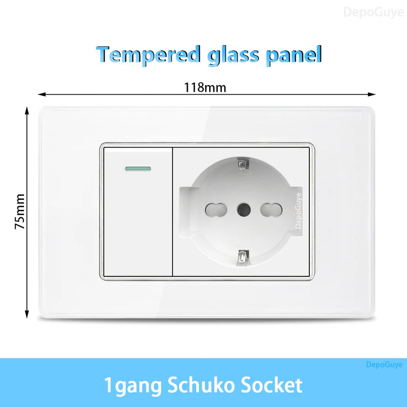 White Tempered Glass Italy USB Type C Smart Fast Charging Wall Socket Plugs Schuko Light Switch Panel Chile TV Sat Computer CAT6