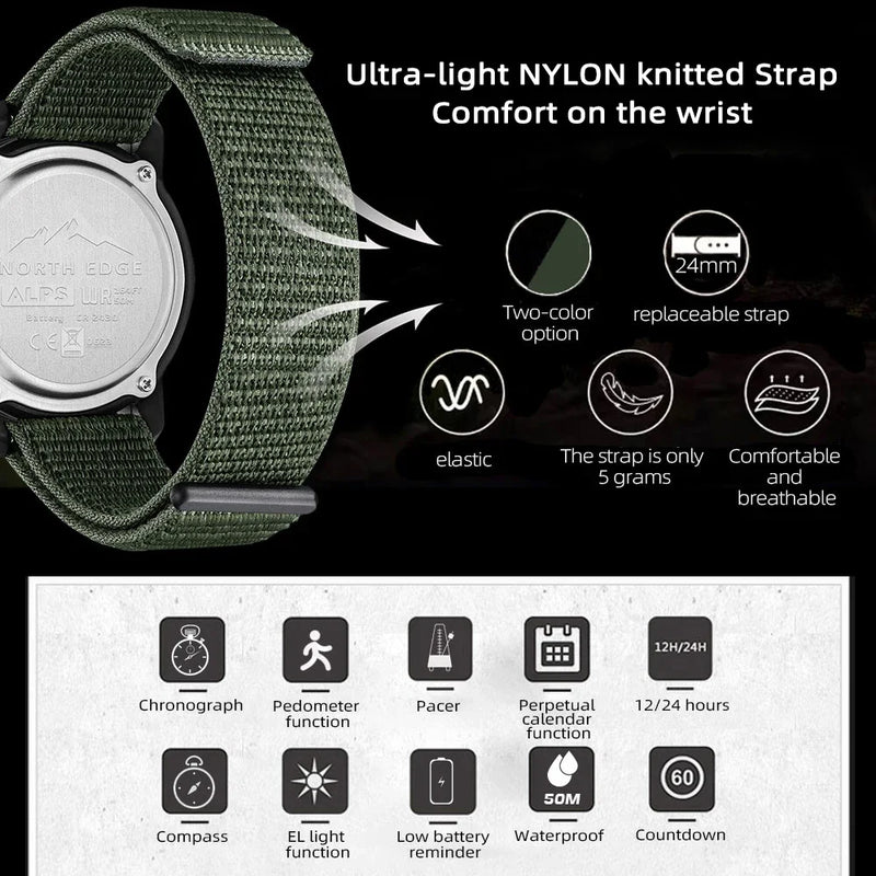 NORTH EDGE ALPS 1 Men's Digital Watch Carbon Fiber Case Shockproof Outdoor Sports Watch Compass 50M Waterproof