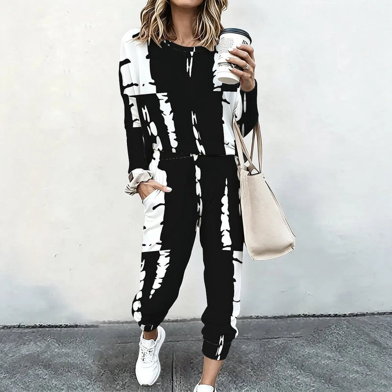 Women 2 Piece Tracksuit Set Print Long Sleeve Crew Neck Top And Jogger Pants Casual Streetwear Outfit With Pockets