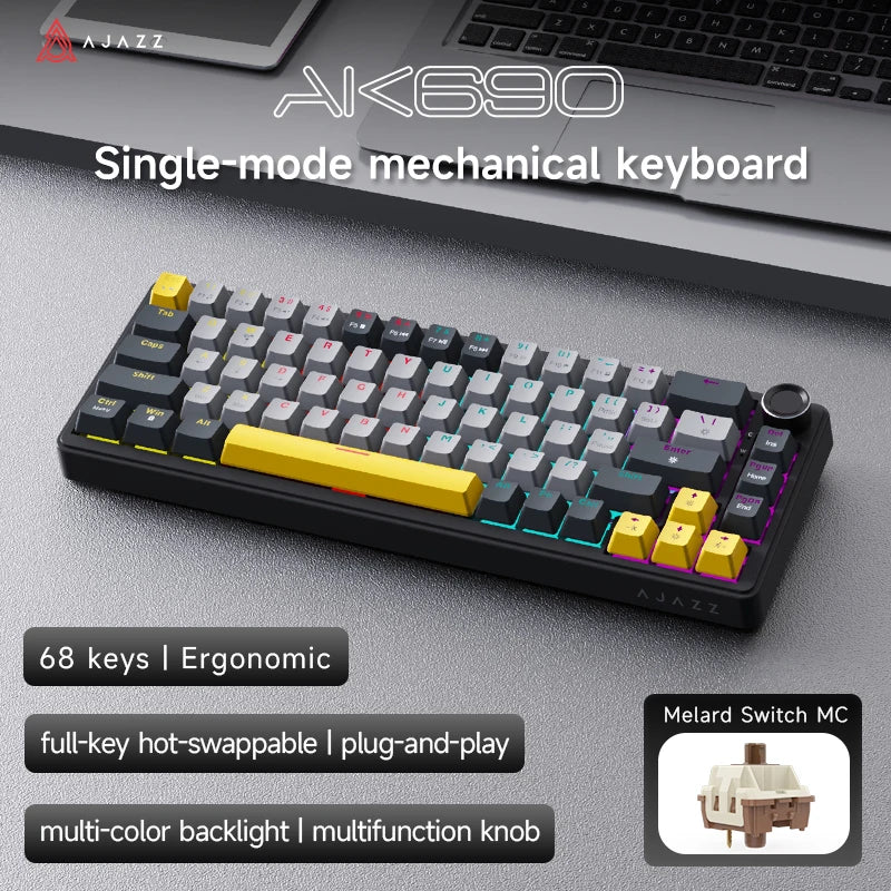 AJAZZ AK690 65% Mechanical Keyboard Wired USB Plug and Play Full-key Hot-Swap Mixed Light 68 Keys Gaming Keyboard for Laptop PC