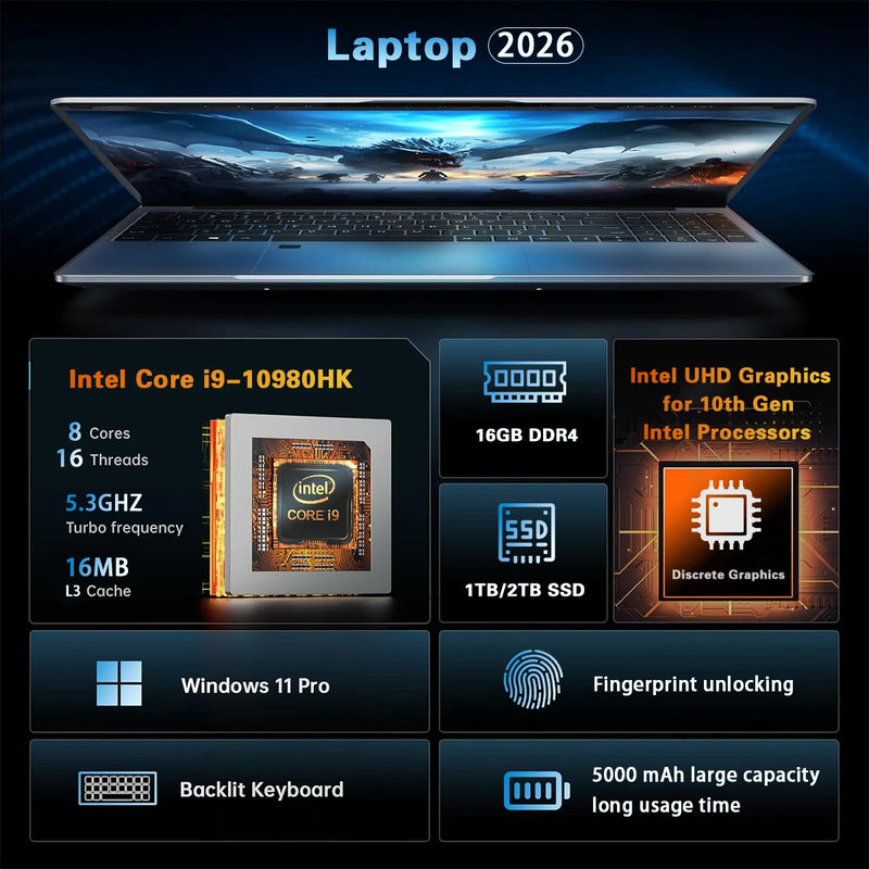2026 15.6" Portable Laptop Computer Intel Core i9 10980HK Windows 11 Pro 1920*1080 16GB DDR4 1TB SSD Notebook PC Gaming Laptops