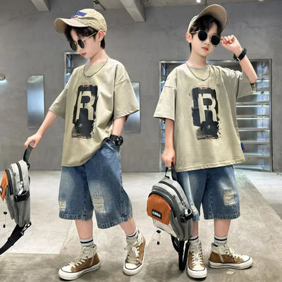 New Boys Fashion Summer Cotton T - shirts+Denim Shorts | SAMAG