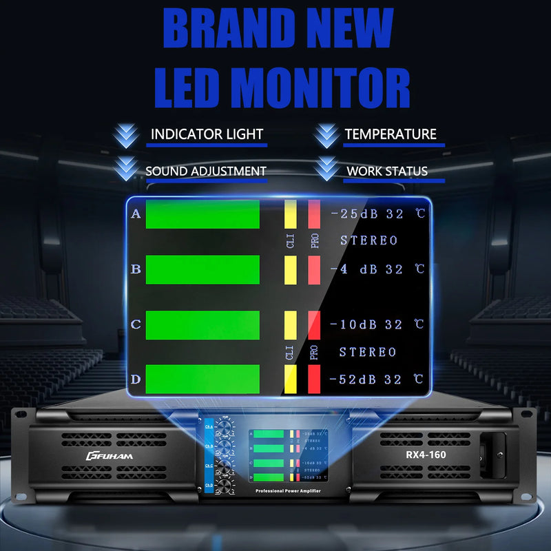 FUHAM RX4-160 4-Channel Power Amplifier 8 Ohm 2500W Class H Audio DJ Stage Performance Sound System