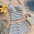 Summer Textured Knit Halter Top Shorts Two Piece Outfit, Classic Nautical Stripes Paired With Breathable Knit Fabric, Ideal For