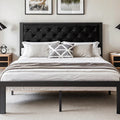 HOOMIC Metal Bed Frame with Upholstered Finely Stitched Headboard, Linen Fabric, Sturdy Foundation, No Box Spring Needed