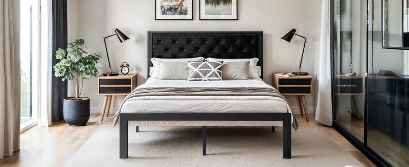 HOOMIC Metal Bed Frame with Upholstered Finely Stitched Headboard, Linen Fabric, Sturdy Foundation, No Box Spring Needed