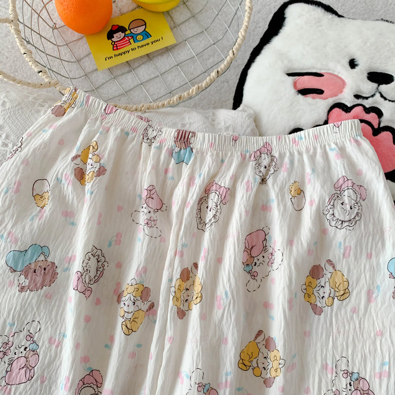 Cartoon Hello Kitty Summer Cardigan Lapel Women's Pajama Set Cloud Cotton Cute Printed Casual Loungewear Three-piece Set