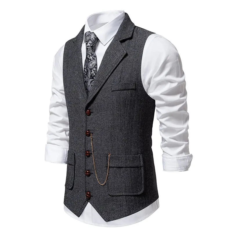Men's Suit Vest Fashion Turn-Down Collar Pockets Suit Vests England Style Smart Casual Vintage Gentleman Leisure Party Waistcoat