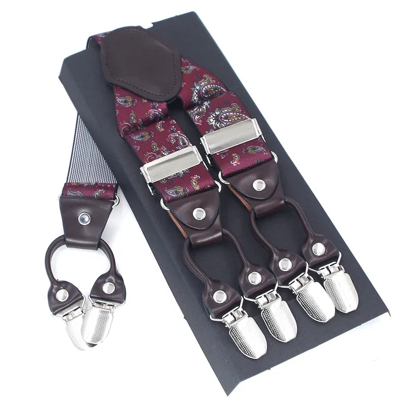 Men's Casual Fashion Leather Suspenders Adjustable High Quality Belt Strap Braces with 6 Clips