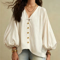 Autumn New Solid Color Fashion Single-breasted Loose Women Shirt Casual Retro Lantern Long-sleeved Versatile Female Vacation Top