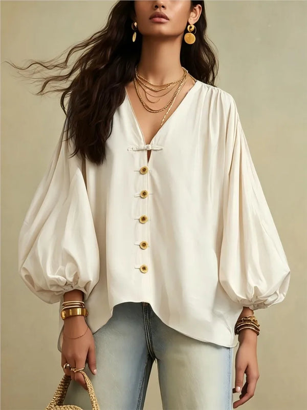 Autumn New Solid Color Fashion Single-breasted Loose Women Shirt Casual Retro Lantern Long-sleeved Versatile Female Vacation Top
