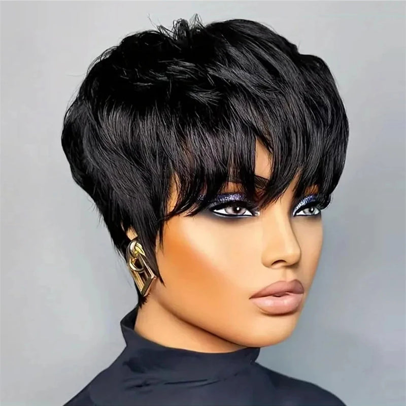 Short Pixie Cut Wig Black Real 100% Human Hair Wigs for Black Women Textured Layered Side Bang Natural Hairline Daily Work Styl