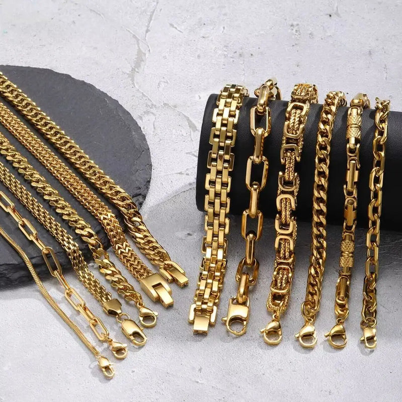 Gold Color Men's Chain Bracelet, Hip Hop Stainless Steel Chunky Wristband, Rock Punk Jewelry Gift for Dad - Visuel 2 | SAMAG