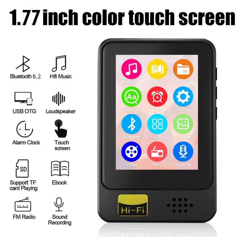 Mini Walkman Full Touch Screen MP3 Player 1.77 Inch Student E-book Reader MP4 Video Player with Built-in Speaker