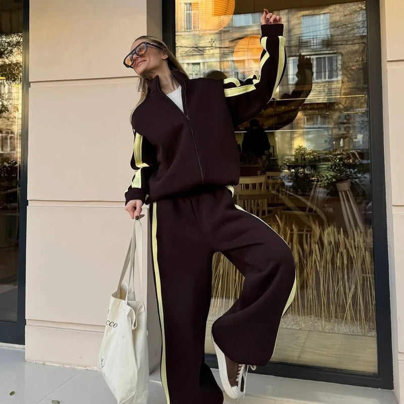 Women's Fashion Cotton Sport Tracksuit With Casual Pant Stripes Zipper Hoodies Cardigan High Waist Trouser 2 Piece Autumn Outfit