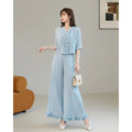 Miyake Pleated Women's Suit 2026 Autumn New V-neck Earring Shirt Top Wide-leg Pants Two-piece Set